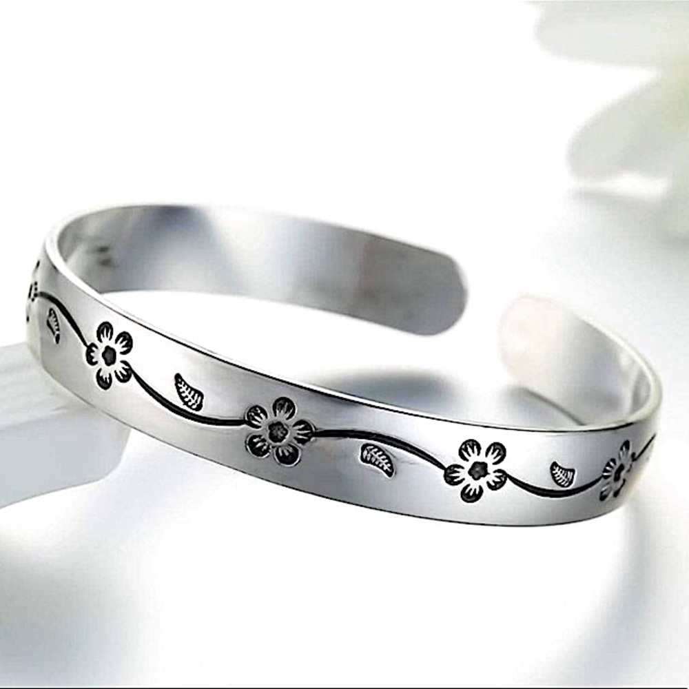 Sterling Silver Flower Bangle Adjustable Cuff Bangle Bracelet